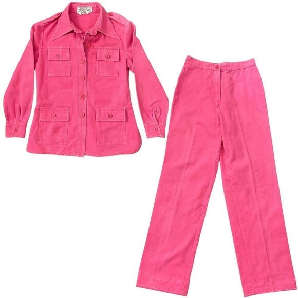 Rare 1970s Vintage Saks Fifth Avenue Young Dimensions Pink Denim Jacket Pant Set - Picture 1 of 16